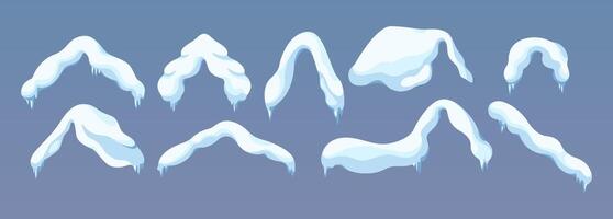 Winter charm with snow caps flat color objects set. Melting icicles evoking New year spirit illustrations bundle on blue background vector