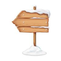 Wooden signpost covered with snow pointing left realistic illustration. Winter season rustic pointer 3d object on white background vector