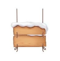 Board signpost covered with snow cap hanging on ropes realistic illustration. Rustic wintry backdrop for announcements 3d object on white vector