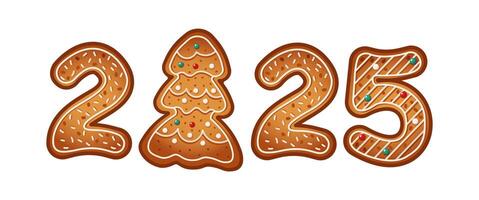 Gingerbread cookies forming number 2025 with Christmas tree replacing zero flat color objects. Seasonal dessert with icing illustration vector