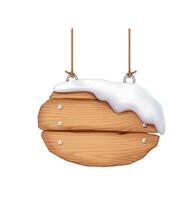 Snow covered wooden planks hanging on ropes realistic illustration. Rustic signpost evoking winter wonderland 3d object on white background vector