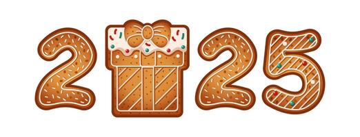 Number 2025 made of gingerbread cookies with gift box replacing zero flat color objects. Seasonal Christmas biscuits with sprinkles illustration vector