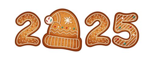 Number 2025 made of gingerbread cookies with Christmas hat replacing zero flat color object. Upcoming New Year biscuits illustration vector