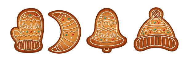 Christmas gingerbreads for holiday color objects set. Mitten moon bell and hat shaped cookies illustrations bundle on white background vector