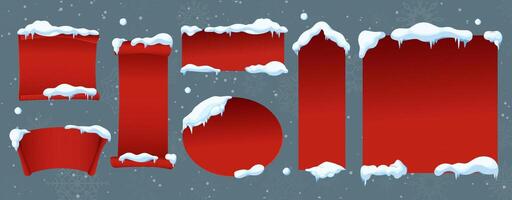 Red Christmas banners with snow caps and icicles flat color objects set. Winter holidays design illustrations bundle on grey background vector