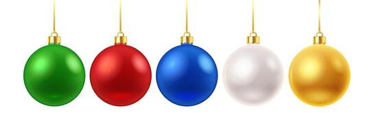 Mockup Christmas tree baubles realistic color icons set. New Year holiday colorful decor with template for design 3d objects illustrations on white vector