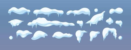 Snow caps snowballs and icicles flat color objects set. Christmas holiday decorations illustrations bundle on blue background vector