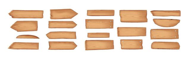 Wooden signs of different shapes realistic color icons set. Vintage signpost pointing planks for information 3d objects on white background vector