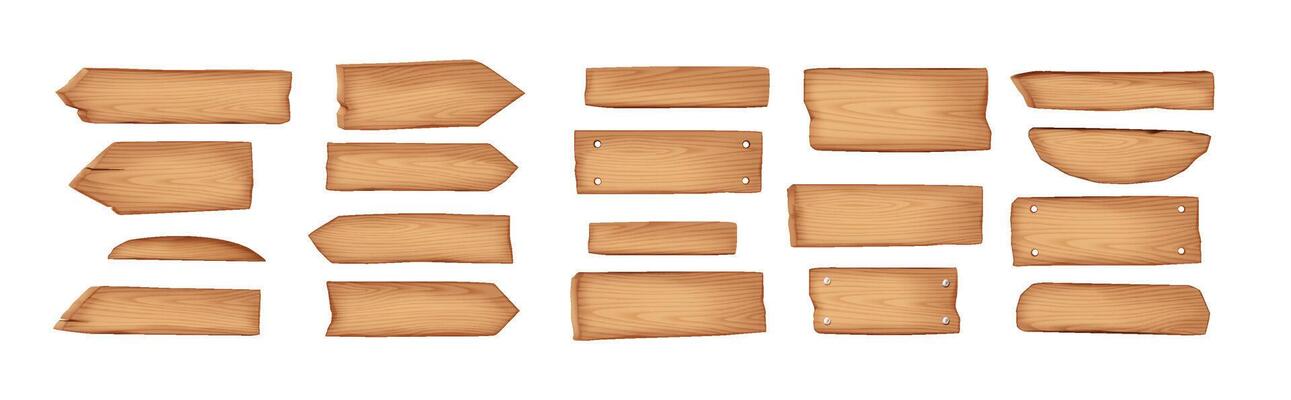 Wooden signs of different shapes realistic color icons set. Vintage signpost pointing planks for information 3d objects on white background