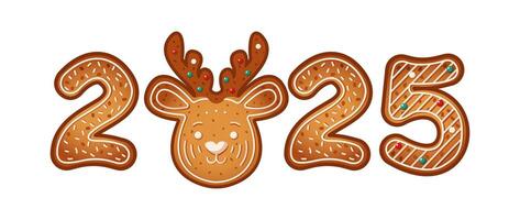 Gingerbread cookies forming number 2025 featuring reindeer flat color object. Christmas Holiday treats with icing illustration on white vector