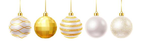 Festive baubles with golden patterns realistic color icons set. Traditional Christmas spheres ornaments 3d objects illustrations on white vector