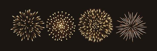 Dazzling golden fireworks bursts realistic color icons set. Dark night sky sparkling illumination display 3d objects on black background vector