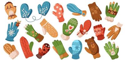 Colorful woolen mittens and gloves flat color objects set. Warm winter accessories with bright patterns illustrations pack on white vector