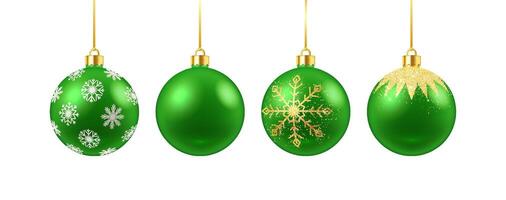 Vibrant green baubles with snowflakes patterns realistic color icons set. New Year tree glossy ornaments 3d objects illustrations on white vector