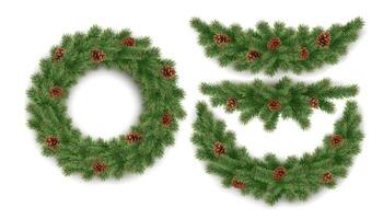 Wreath and garlands of fir branches realistic icons set. Christmas craft ornaments of natural materials 3d objects illustrations on white vector