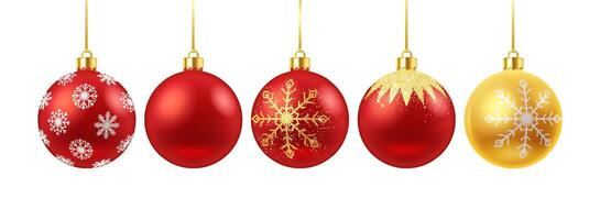 Red and golden glass baubles with snowflakes realistic color icons set. Happy new year holiday ornaments 3d objects illustrations on white vector