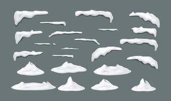 Snow caps and snowdrifts of various shapes realistic color icons set. Winter atmosphere enhancing festive designs 3d objects on grey background vector