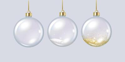 Clear glass baubles balls with glitter sand realistic color icons set. Shiny Christmas tree spherical ornaments 3d objects illustrations on white vector