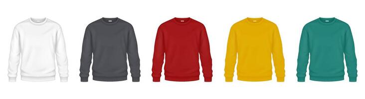 Colorful sweatshirts for autumn mockup illustrations set. Soft clothes from warm fleece fabric template 3d model on white background vector
