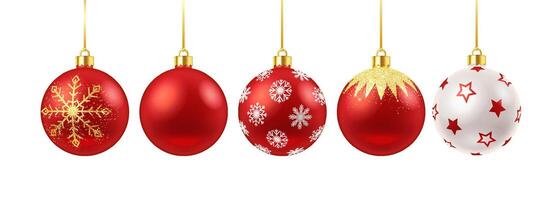 Shiny New Year red and white balls with golden decor realistic color icons set. Hanging Christmas tree ornaments 3d objects illustrations on white background vector