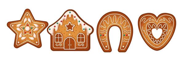 Tasty gingerbreads cookies for Christmas party flat color objects set. Pastry for holiday illustrations bundle on white background vector