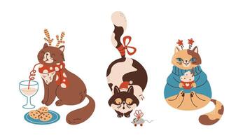 Adorable New Year cats flat color characters set. Animals in festive accessories for Christmas illustrations bundle on white background vector