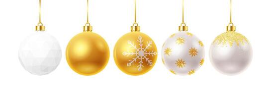 Shiny New Year baubles golden decor realistic color icons set. Hanging Christmas tree ornaments 3d objects illustrations on white background vector