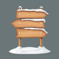 Three wooden arrow signposts covered in snow realistic illustration. Different directions roads pointer 3d object on grey background vector