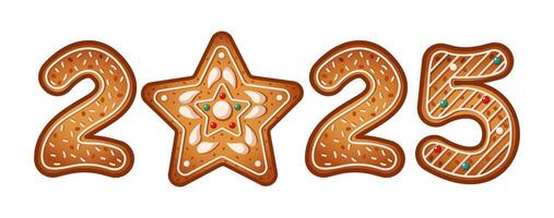 Number 2025 made of gingerbread cookies with star replacing zero flat color objects. Christmas holiday biscuits with candy toppings illustration vector