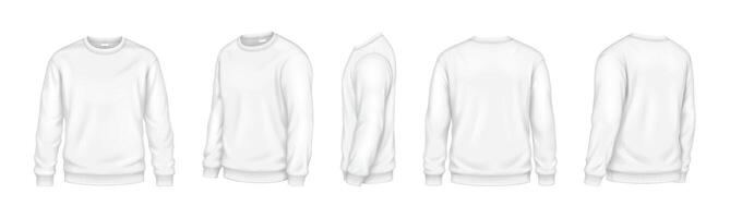 Soft sweatshirts of white color mockup realistic illustrations set. Casual design of clothing template 3d model on white background vector
