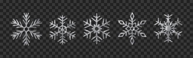 Symmetrical silver snowflakes realistic color icons set. Fancy Christmas holiday celebration decoration 3d objects on black background vector