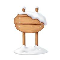 Wooden board of signpost covered with snow realistic illustration. Snowy ground for adding promotion text 3d object on white background vector
