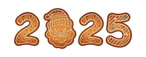 Festive gingerbread cookies forming number 2025 featuring Santa Claus flat color objects. Celebratory biscuits for upcoming New Year illustration vector