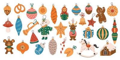 Cute Christmas tree ornaments flat color objects set. Collection of holiday decorations illustrations bundle on white background vector