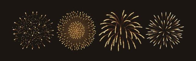 Fantastic golden fireworks explosion realistic color icons set. Festive atmosphere of special occasions celebration 3d objects on black background vector