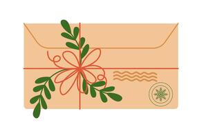 Christmas envelope with green leaves and red bow flat color object. Festive package for congratulation letter illustration on white background vector