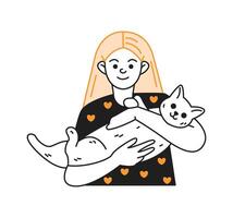 Man in orange sweater holds cute cat in arms color linear icon. Smiling male pet owner enjoys time with domestic animal doodle simple illustration vector