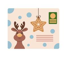 Cute Christmas envelope with reindeer and gingerbread star flat color object. Festive holiday greeting card illustration on white vector
