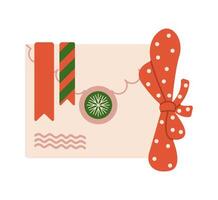 Christmas envelope with stickers and ribbons flat color object. Green wax seal adds privacy illustration on white background vector