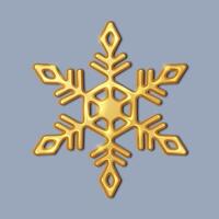 Snowflake of shiny golden metallic material realistic illustration. Celebrating Christmas holiday ornament 3d object image on grey vector