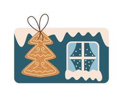Card with snowy window and gingerbread Christmas tree flat color object. Festive greeting and congratulation for holiday correspondence on white vector