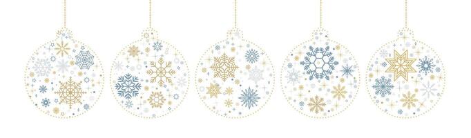Christmas baubles with snowflakes flat color objects set. Festive magical atmosphere of new year illustrations bundle on white vector