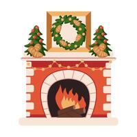 Cozy fireplace adorned with Christmas trees and wreath flat color object. Peaceful holiday warmth at home illustration on white background vector