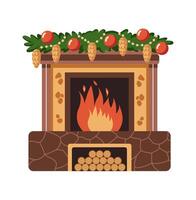 Holiday garland with pine cones on crackling fireplace flat color object. Cozy and warm atmosphere illustration on white background vector
