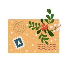 Christmas envelope with holly berries and stamp flat color object. Festive package for congratulation letter illustration on white background vector
