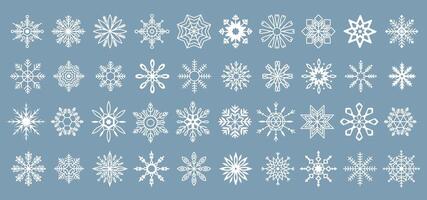 Simple snowflakes creating winter festive atmosphere white linear icons collection. Beauty of unique ice crystals objects set on blue background vector