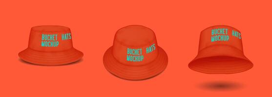 Red bucket hats mockup realistic illustration set. Stylish summer head accessory with design template 3d models on color background vector