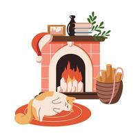 Cat sleeping on rug near fireplace with festive Christmas decorations flat color object. Merry home setting illustration on white background vector