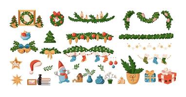 New Year garlands with festive ornaments flat color objects set. Traditional winter adornments illustrations bundle on white background vector