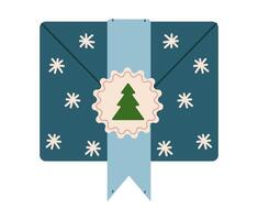 Envelope with blue ribbon and Christmas tree flat color object. Festive package for greeting and congratulation illustration on white background vector
